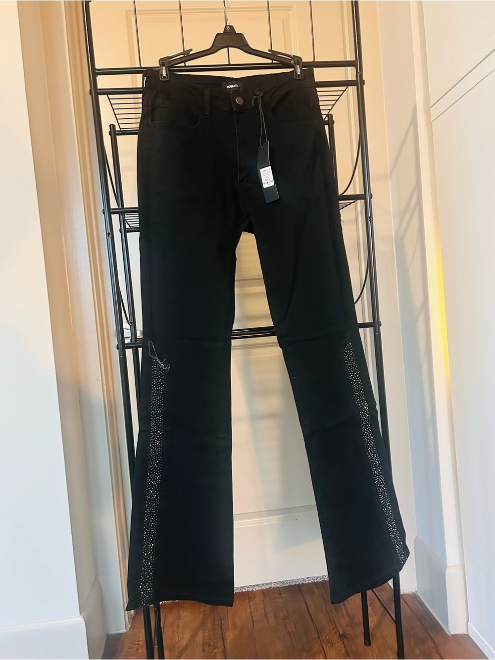 Fashion Nova Black Relaxed Mens Jeans with Side Rhinestone Detail